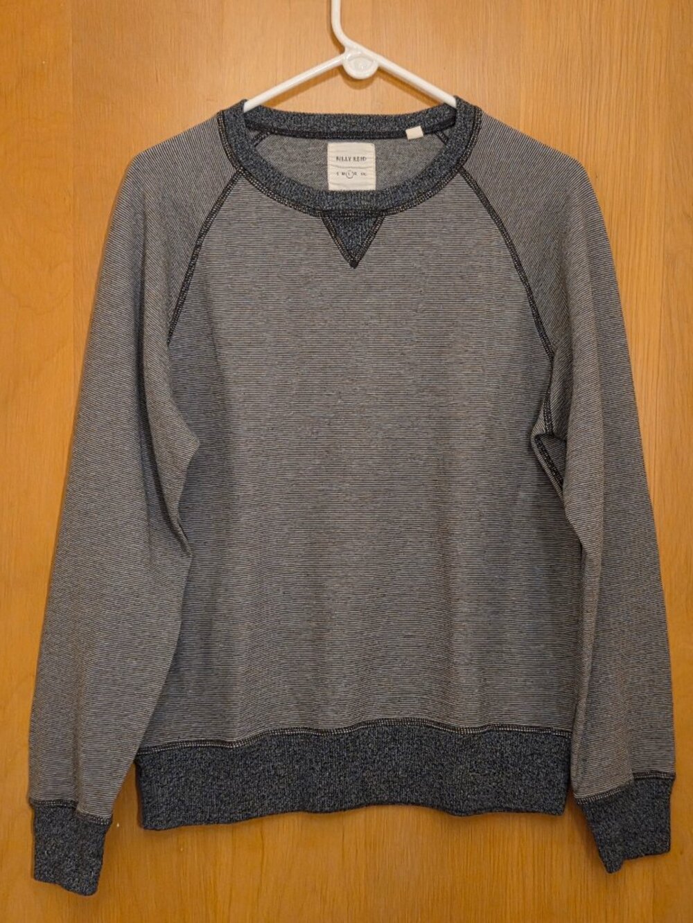 Billy Reid Crewneck Knit Sweater Mens L 100% Cotton Gray Striped Exposed Hem